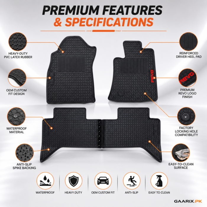 Toyota Hilux Revo 2021–Present Custom Fit 4-Piece Latex Rubber PVC Floor Mats with Waterproof Heavy-Duty Anti-Slip All-Weather Protection