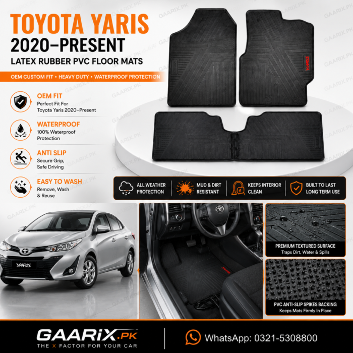 Toyota Yaris 2020–Present Latex Rubber PVC Floor Mats – OEM Custom Fit Waterproof Heavy Duty with Anti-Slip PVC Spikes Backing