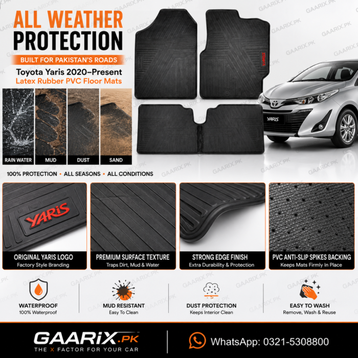 Toyota Yaris 2020–Present Latex Rubber PVC Floor Mats – OEM Custom Fit Waterproof Heavy Duty with Anti-Slip PVC Spikes Backing