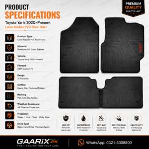 Toyota Yaris 2020–Present Latex Rubber PVC Floor Mats – OEM Custom Fit Waterproof Heavy Duty with Anti-Slip PVC Spikes Backing