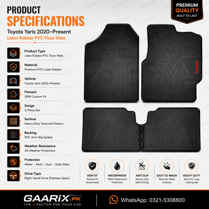Toyota Yaris 2020–Present Latex Rubber PVC Floor Mats – OEM Custom Fit Waterproof Heavy Duty with Anti-Slip PVC Spikes Backing