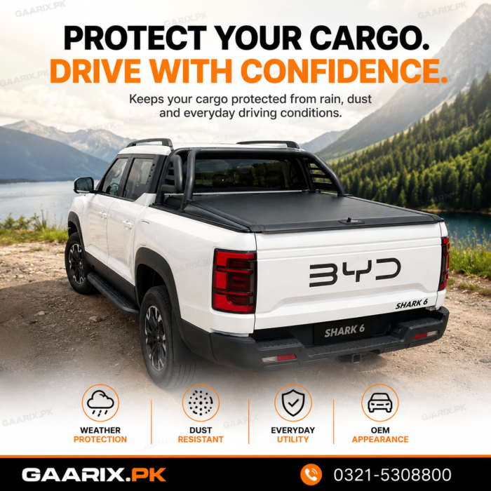 BYD Shark 6 OEM Manual Single Lock Trunk Shutter Lid – Factory Fit Heavy-Duty Cargo Bed Cover BYD Shark 6 OEM Manual Single Lock Trunk Shutter Lid installed on a white BYD Shark 6 pickup with factory-fit heavy-duty aluminum cargo bed cover and single lock security system