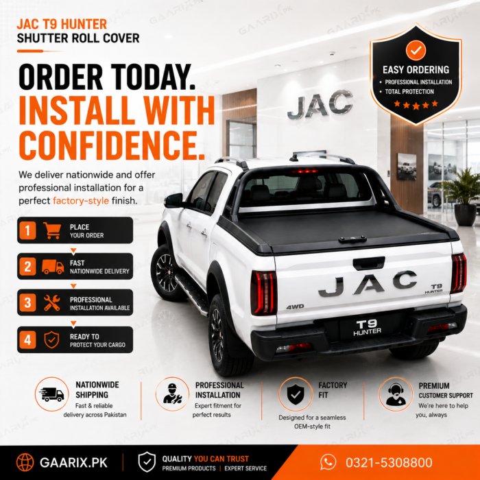 JAC-T9-Hunter-Shutter-Roll-Cover-Delivery JAC T9 Hunter Shutter Roll Cover with Professional Installation and Nationwide Delivery – Heavy Duty Aluminum Cargo Bed Cover | GAARIX.PK