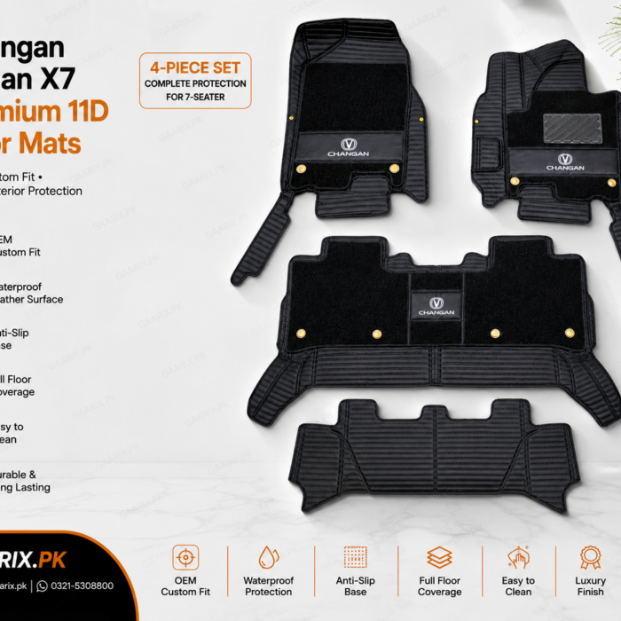 Premium 11D custom-fit waterproof leather floor mats for Changan Oshan X7 2022–Present 7-Seater with full OEM floor coverage.