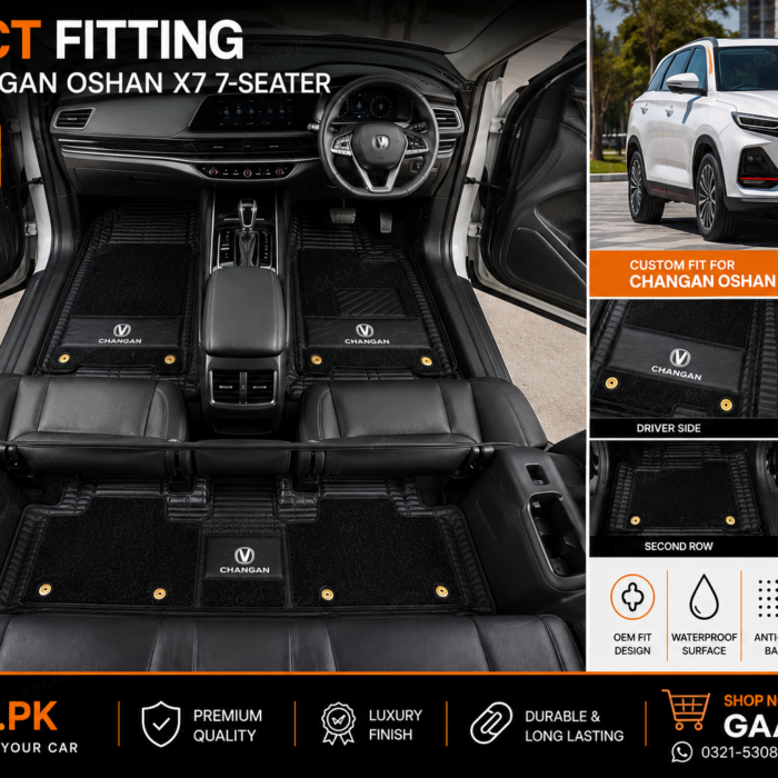Premium 11D custom-fit waterproof leather floor mats for Changan Oshan X7 2022–Present 7-Seater with full OEM floor coverage.