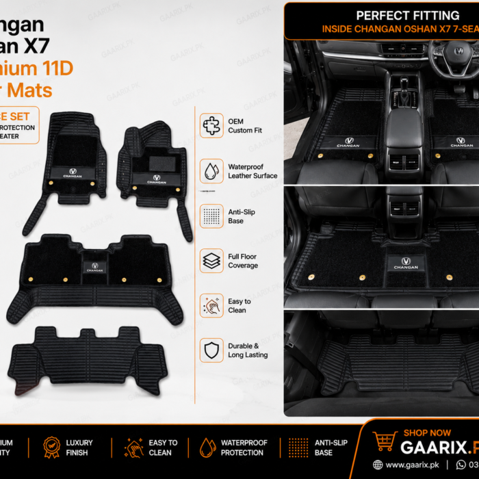 Premium 11D custom-fit waterproof leather floor mats for Changan Oshan X7 2022–Present 7-Seater with full OEM floor coverage.