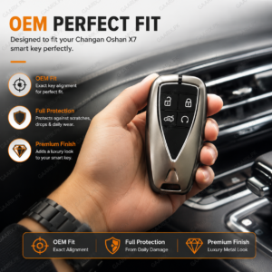 OEM fit metal key cover installed on Changan Oshan X7 smart key.