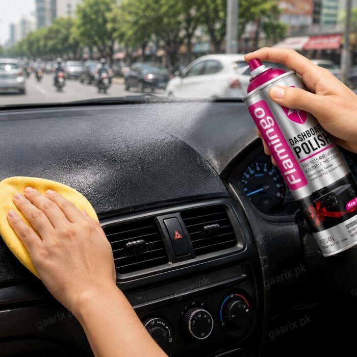 flamingo-dashboard-polish-450ml Flamingo Dashboard Polish 450ML spray for restoring dashboard shine with UV protection and dust resistance in Pakistan.