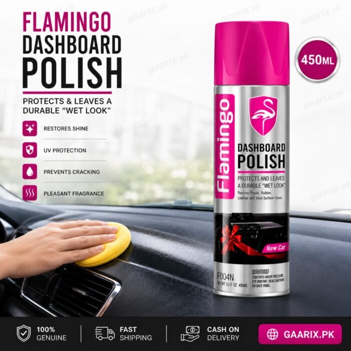 flamingo-dashboard-polish-450ml-pakistan-applying Flamingo Dashboard Polish 450ML spray for restoring dashboard shine with UV protection and dust resistance in Pakistan.
