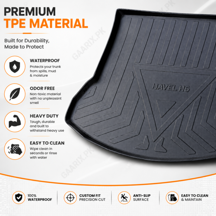 gwm-haval-h6-2022-2024-tpe-trunk-mat-features Premium custom fit waterproof TPE trunk mat for GWM Haval H6 2022–2024 boot cargo area.