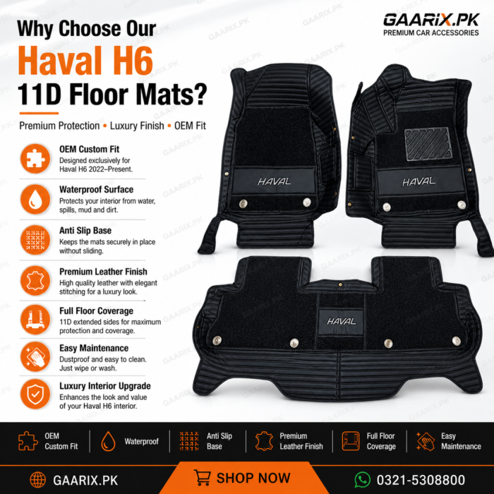 Haval H6 2022–Present Premium 11D Custom Fit Waterproof Luxury Leather Floor Mats with Full Floor Coverage