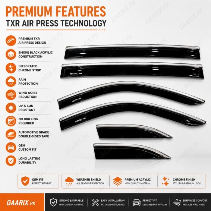 haval-h6-txr-air-press-door-visors-with-chrome-features Haval H6 TXR Air Press Door Visors with Chrome Premium Smoke Black OEM Fit Rain Guards