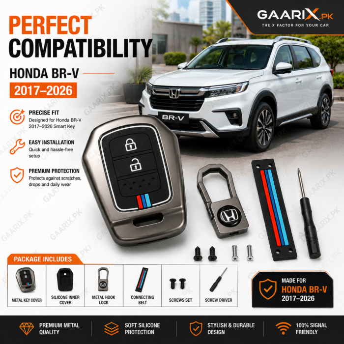 honda-br-v-2017-2026-metal-key-cover-compatibilty Honda BR-V 2017–2026 premium metal key cover with hook, connecting belt, screws and screwdriver