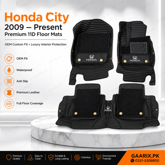 Honda City 2009–Present Premium 11D Custom Fit Waterproof Luxury Car Floor Mats Black OEM Interior Protection