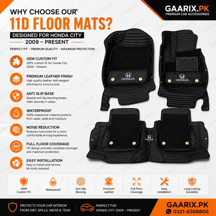 Honda City 2009–Present Premium 11D Custom Fit Waterproof Luxury Car Floor Mats Black OEM Interior Protection