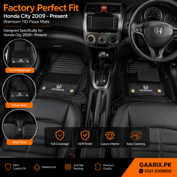 Honda City 2009–Present Premium 11D Custom Fit Waterproof Luxury Car Floor Mats Black OEM Interior Protection
