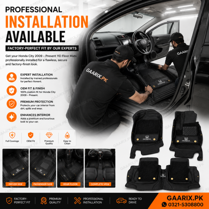 Honda City 2009–Present Premium 11D Custom Fit Waterproof Luxury Car Floor Mats Black OEM Interior Protection