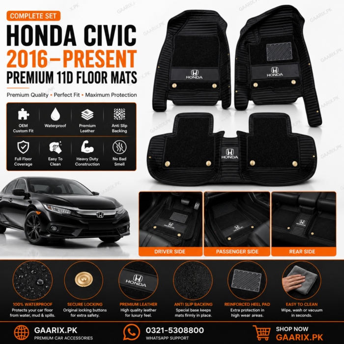 Honda Civic 2016–Present Premium 11D Waterproof Custom Fit Luxury Leather Floor Mats