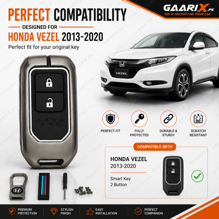 Honda Vezel 2013–2020 premium metal key cover with accessories