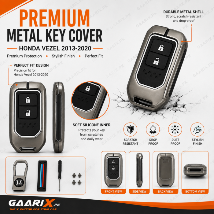 Honda Vezel 2013–2020 premium metal key cover with accessories