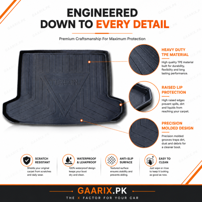 Hyundai Tucson Hybrid 2025 premium TPE trunk mat with custom OEM fit, waterproof boot liner and raised edge protection.