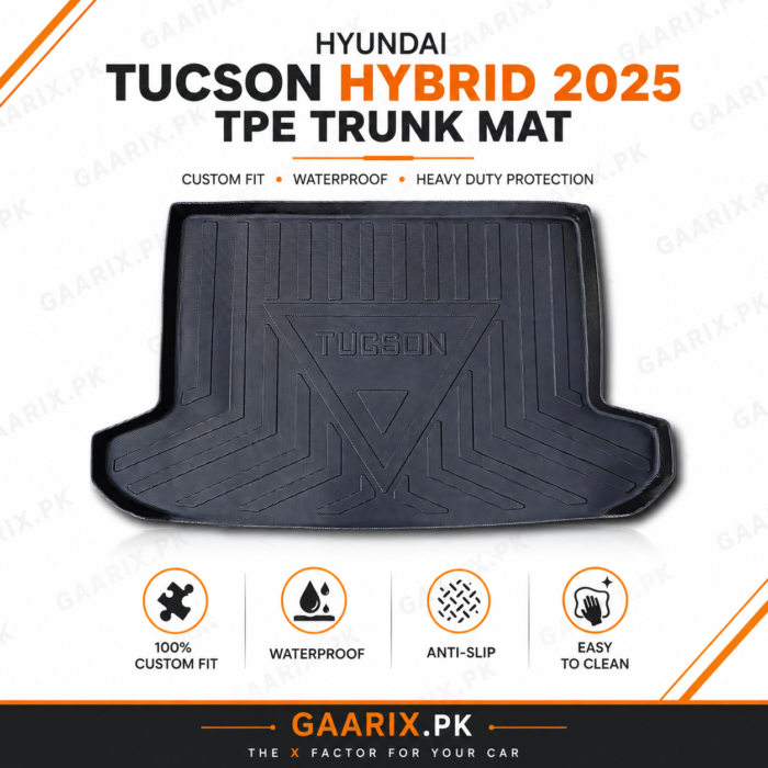Hyundai Tucson Hybrid 2025 premium TPE trunk mat with custom OEM fit, waterproof boot liner and raised edge protection.