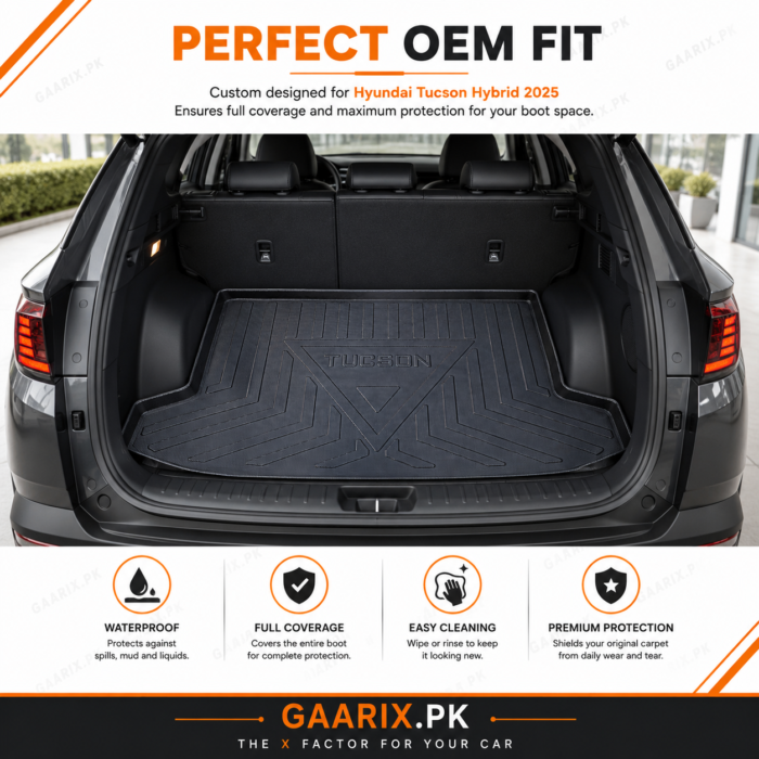Hyundai Tucson Hybrid 2025 premium TPE trunk mat with custom OEM fit, waterproof boot liner and raised edge protection.
