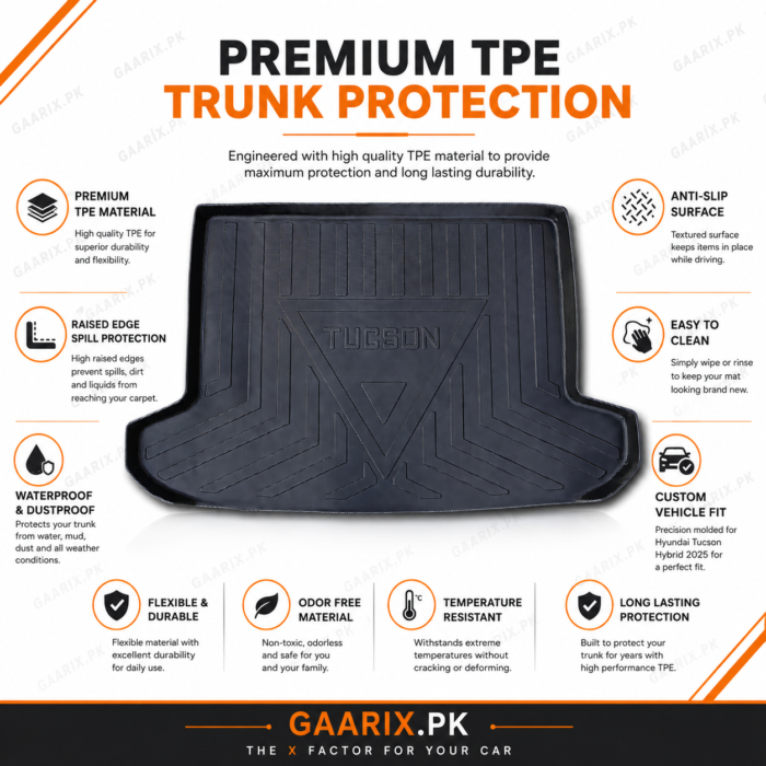 Hyundai Tucson Hybrid 2025 premium TPE trunk mat with custom OEM fit, waterproof boot liner and raised edge protection.