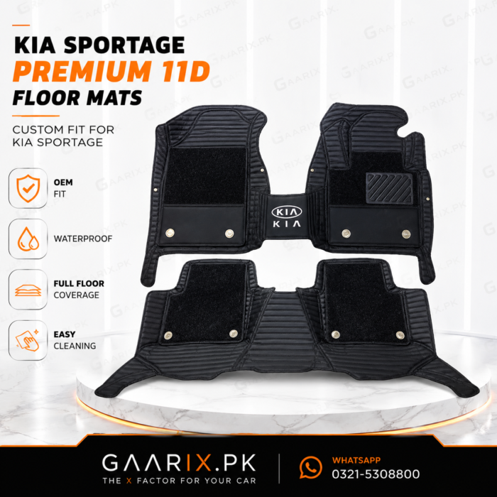 Premium 11D custom fit waterproof leather floor mats for Kia Sportage (2019–Present) with OEM fit, anti-slip backing, removable carpet inserts, and full floor coverage.