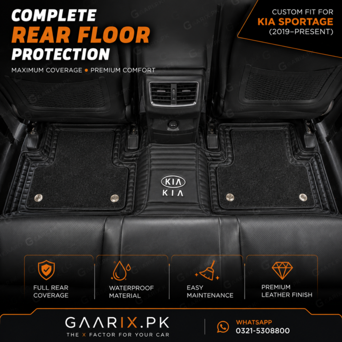 Premium 11D custom fit waterproof leather floor mats for Kia Sportage (2019–Present) with OEM fit, anti-slip backing, removable carpet inserts, and full floor coverage.