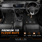 Premium 11D custom fit waterproof leather floor mats for Kia Sportage (2019–Present) with OEM fit, anti-slip backing, removable carpet inserts, and full floor coverage.