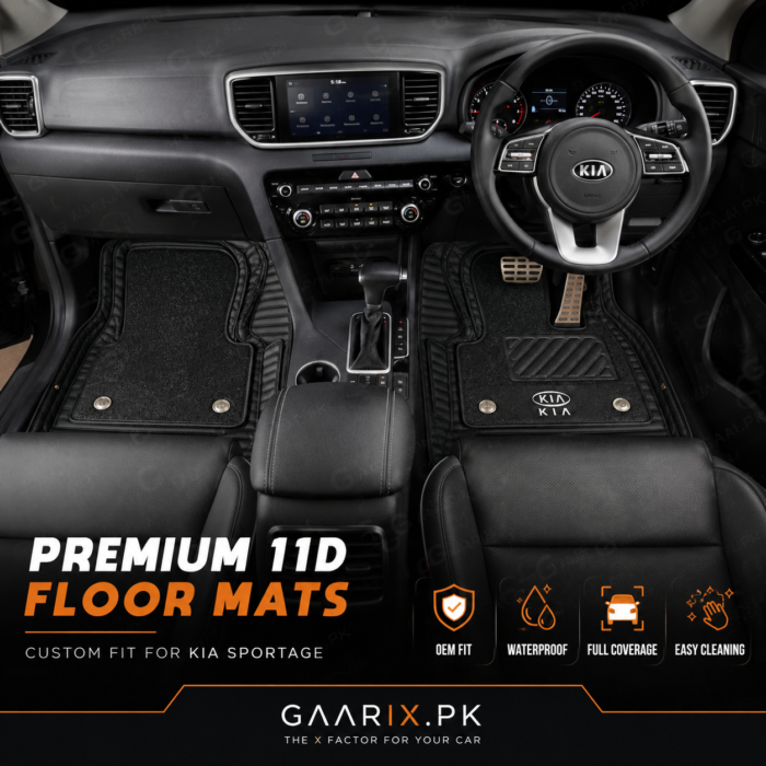 Premium 11D custom fit waterproof leather floor mats for Kia Sportage (2019–Present) with OEM fit, anti-slip backing, removable carpet inserts, and full floor coverage.