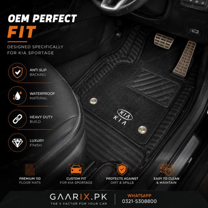 Premium 11D custom fit waterproof leather floor mats for Kia Sportage (2019–Present) with OEM fit, anti-slip backing, removable carpet inserts, and full floor coverage.