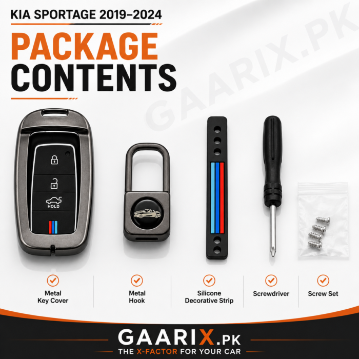 kia-sportage-2019-2024-metal-key-cover-package-content Kia Sportage 2019–2024 Premium Metal Key Cover – Perfect OEM Fit | GAARIX.PK