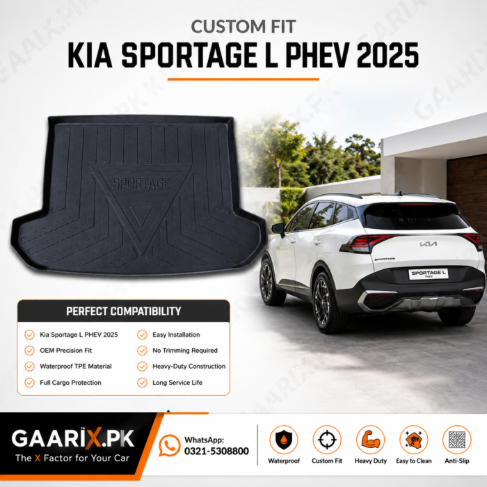 Premium custom-fit TPE trunk mat for Kia Sportage L PHEV 2025 with waterproof raised-edge boot liner protection.