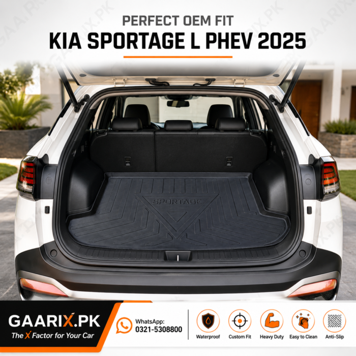 Premium custom-fit TPE trunk mat for Kia Sportage L PHEV 2025 with waterproof raised-edge boot liner protection.