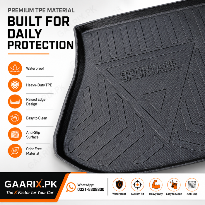 Premium custom-fit TPE trunk mat for Kia Sportage L PHEV 2025 with waterproof raised-edge boot liner protection.
