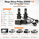 Mega Shine Philips 2000W H4 LED Headlight System 6000K Cool White 40000LM CANBUS Ready