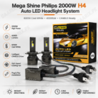 Mega Shine Philips 2000W H4 LED Headlight System 6000K Cool White 40000LM CANBUS Ready