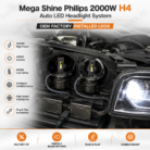 Mega Shine Philips 2000W H4 LED Headlight System 6000K Cool White 40000LM CANBUS Ready