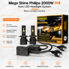 Mega Shine Philips 2000W H4 LED Headlight System 6000K Cool White 40000LM CANBUS Ready