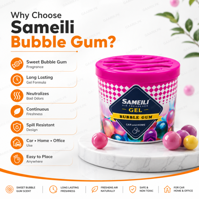 sameili-air-freshener-gel-bubble-gum-flavor-features Sameili Air Freshener Gel Bubble Gum Flavor for car, home and office. Long-lasting gel air freshener with sweet bubble gum fragrance and odor elimination.