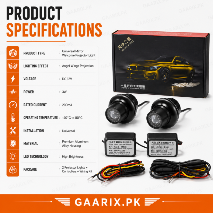 Universal Mirror Welcome Projector Light with Angel Wings LED Projection Kit – Waterproof DC 12V Car Courtesy Lights | GAARIX.PK Universal Mirror Welcome Projector Light with Angel Wings LED Projection Kit – Waterproof DC 12V Car Courtesy Lights | GAARIX.PK