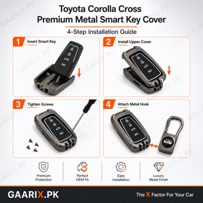Toyota Corolla Cross Premium Metal Smart Key Cover made with zinc alloy and soft silicone interior for OEM fit and scratch protection.