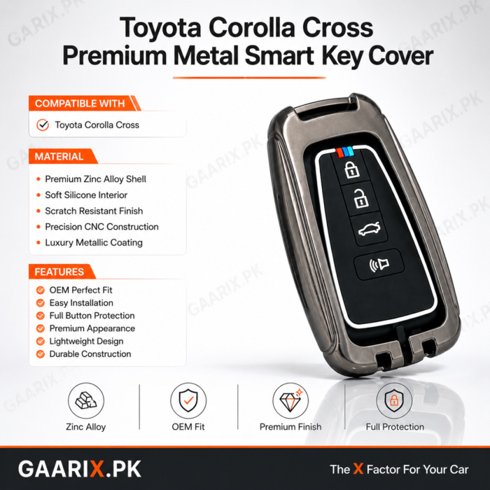 Toyota Corolla Cross Premium Metal Smart Key Cover made with zinc alloy and soft silicone interior for OEM fit and scratch protection.