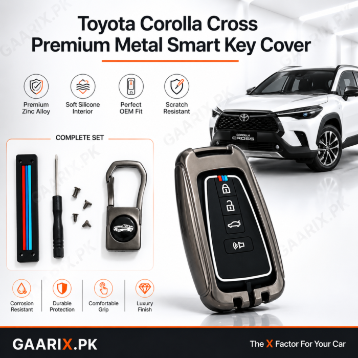 Toyota Corolla Cross Premium Metal Smart Key Cover made with zinc alloy and soft silicone interior for OEM fit and scratch protection.