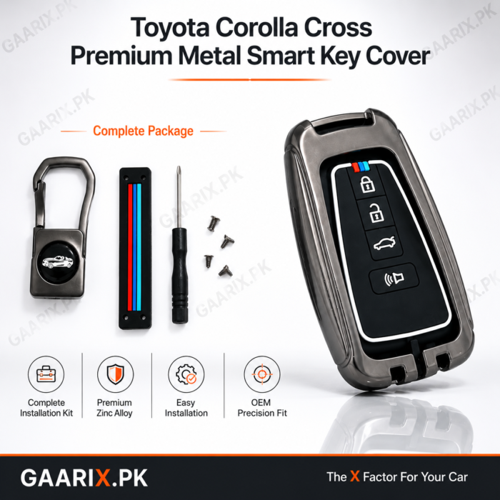 Toyota Corolla Cross Premium Metal Smart Key Cover made with zinc alloy and soft silicone interior for OEM fit and scratch protection.