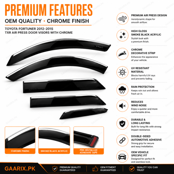 Toyota Fortuner 2012–2015 TXR Air Press Door Visors with Chrome Toyota Fortuner 2012–2015 TXR Air Press Door Visors with Chrome