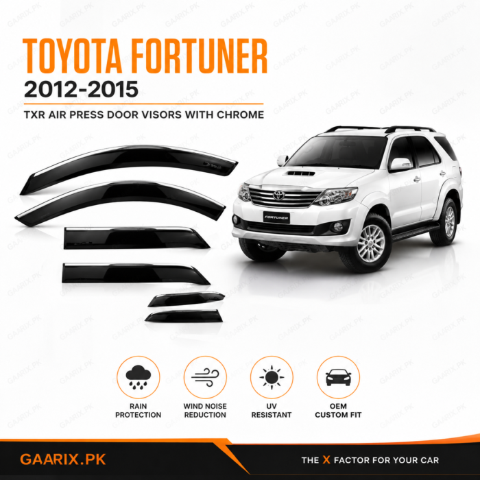 Toyota Fortuner 2012–2015 TXR Air Press Door Visors with Chrome Toyota Fortuner 2012–2015 TXR Air Press Door Visors with Chrome – OEM Smoke Black Rain Guards