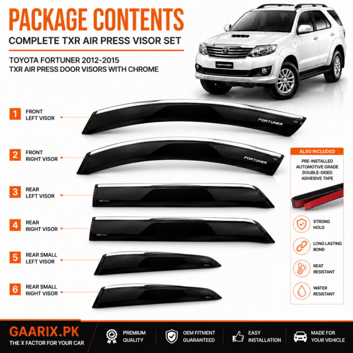 Toyota Fortuner 2012–2015 TXR Air Press Door Visors with Chrome Toyota Fortuner 2012–2015 TXR Air Press Door Visors with Chrome – OEM Smoke Black Rain Guards